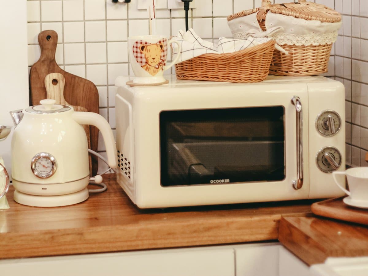 A microwave oven on a kitchen counter